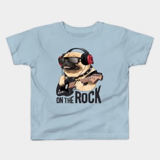 Pug dog on headphone playing guitar Kids T-Shirt